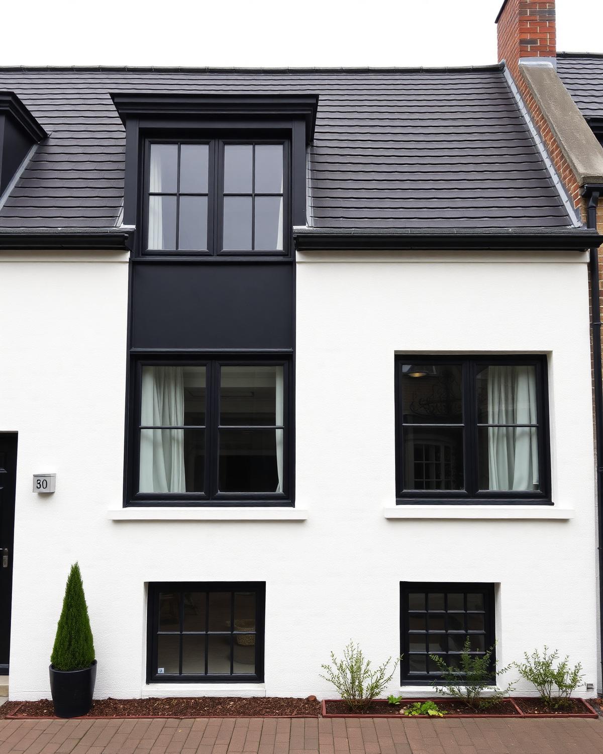 Geschilderde woninggevel met donkere raamkaders