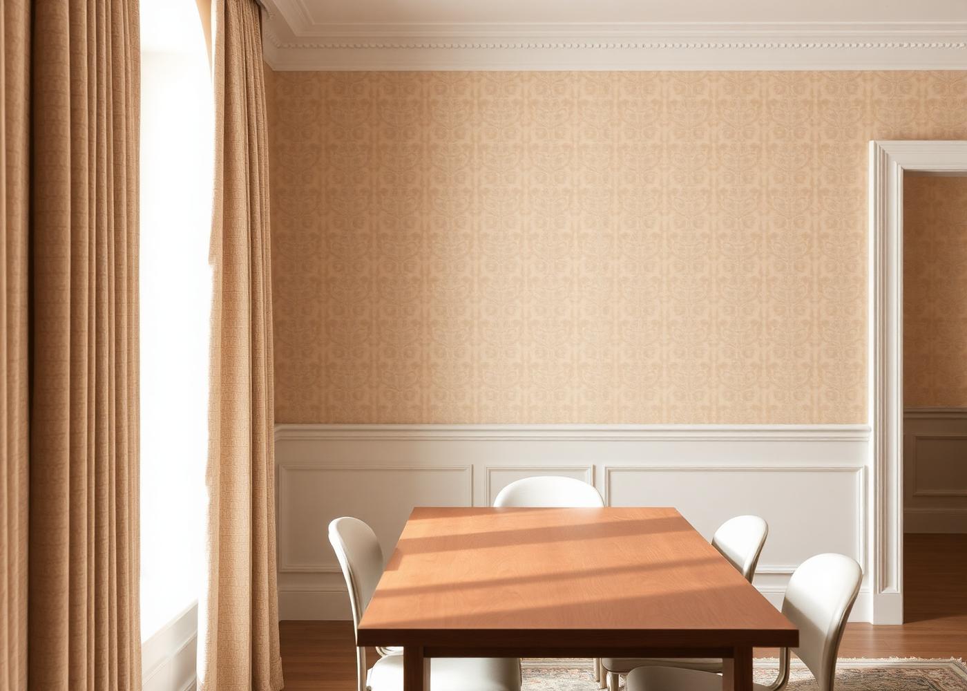 Eetkamer met zandkleurig patroonbehang en witte lambrisering