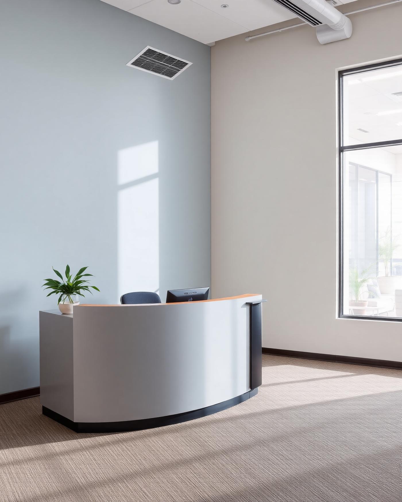 Kantoorreceptie met gedempt blauwe accentwand