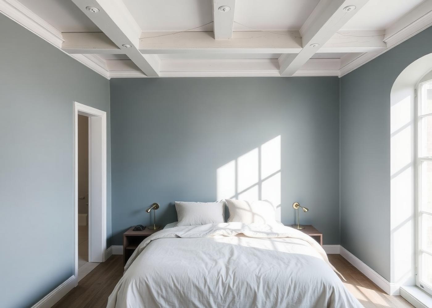 Slaapkamer met muren in gedempt blauw en wit plafond